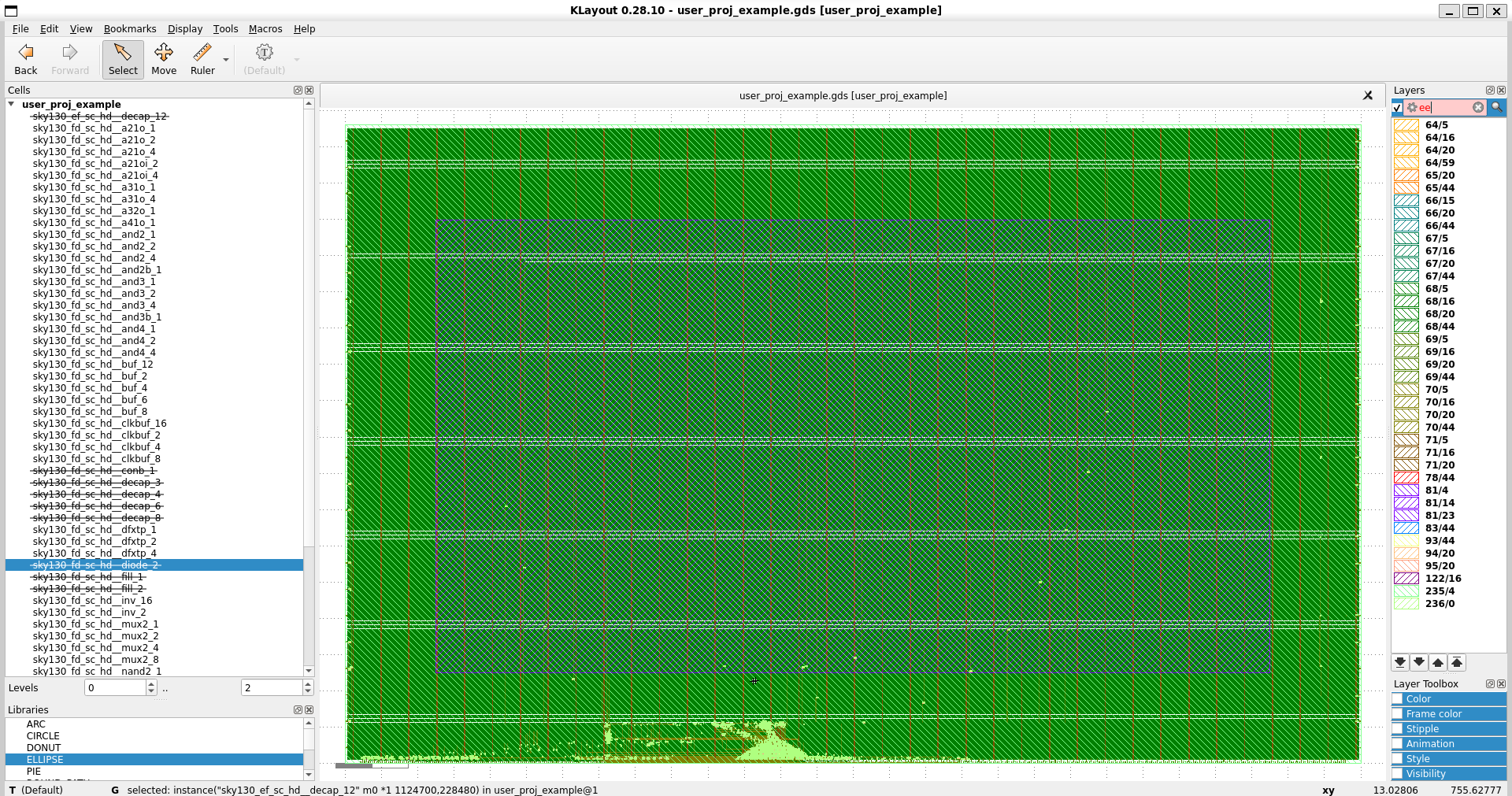 Klayout opens the layout file with default layer maps