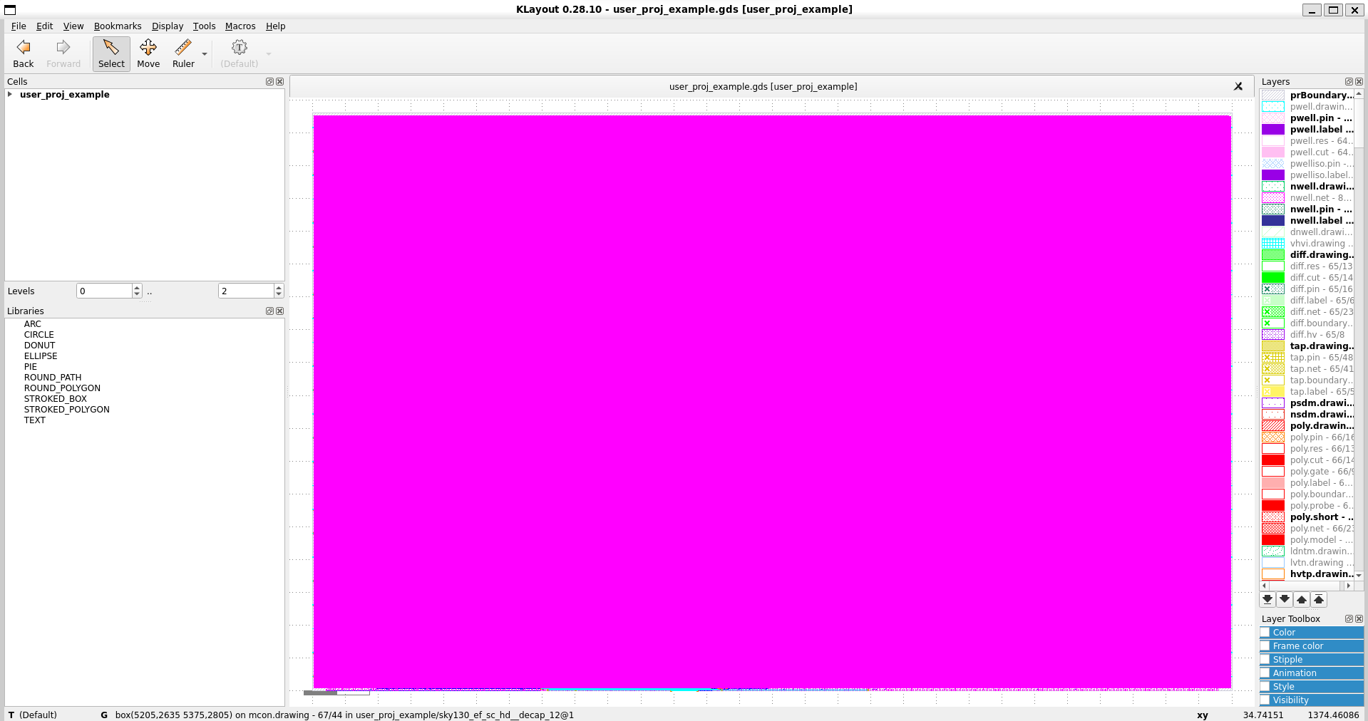 Klayout opens the layout file with tech data